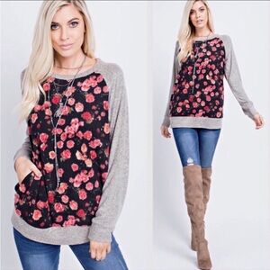 Floral Print Sweatshirt Black, Grey, Pink and Red